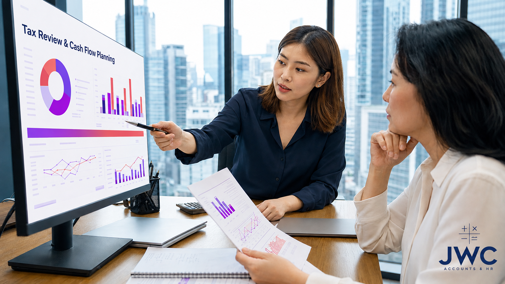 Finance manager calculating the enhanced YA 2026 corporate tax rebate in Singapore