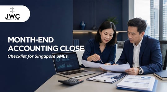 Singapore SME accountant completing a month-end accounting close and reviewing financial records