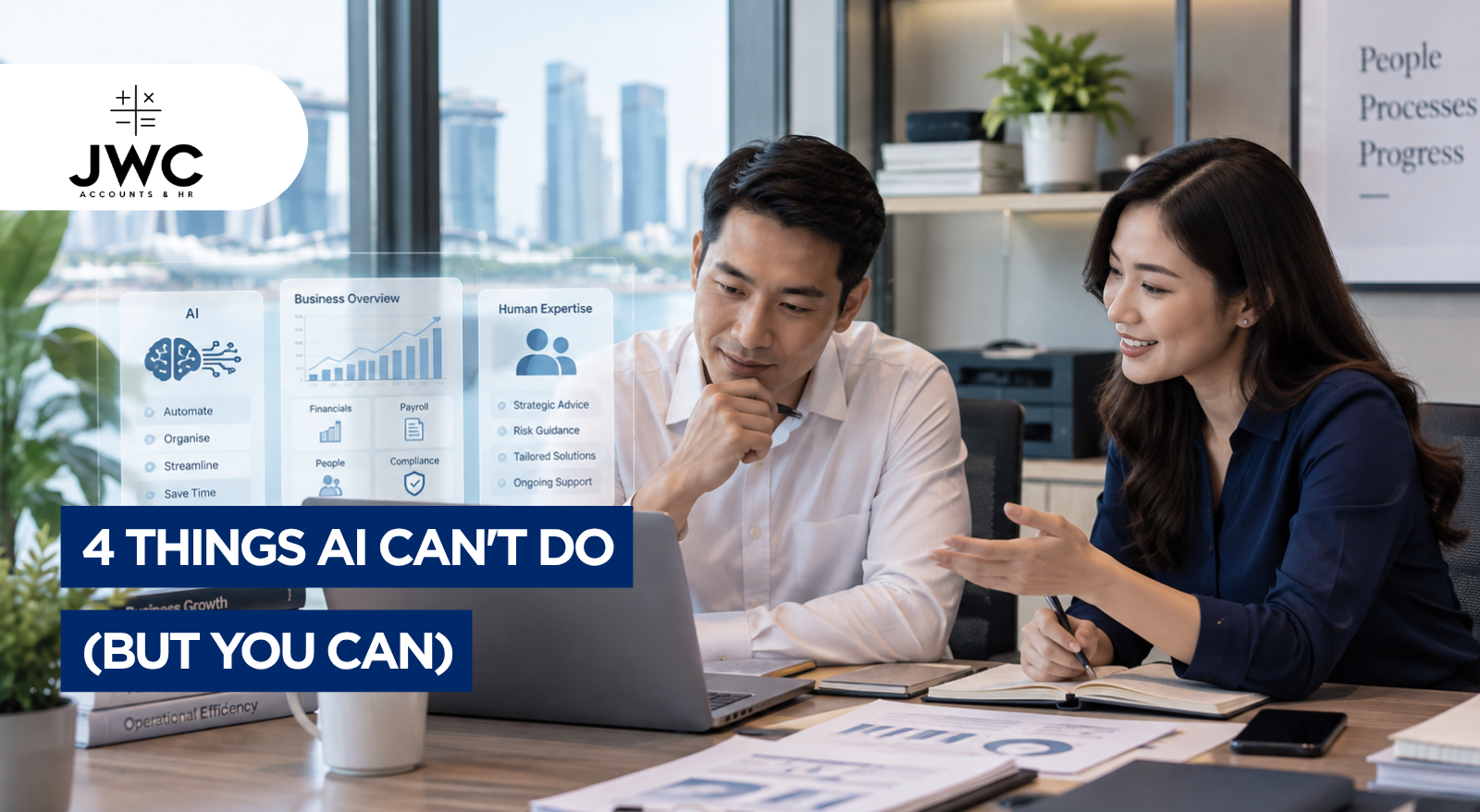 Singapore SME business owner reviewing an accounting backlog and financial documents at a desk
