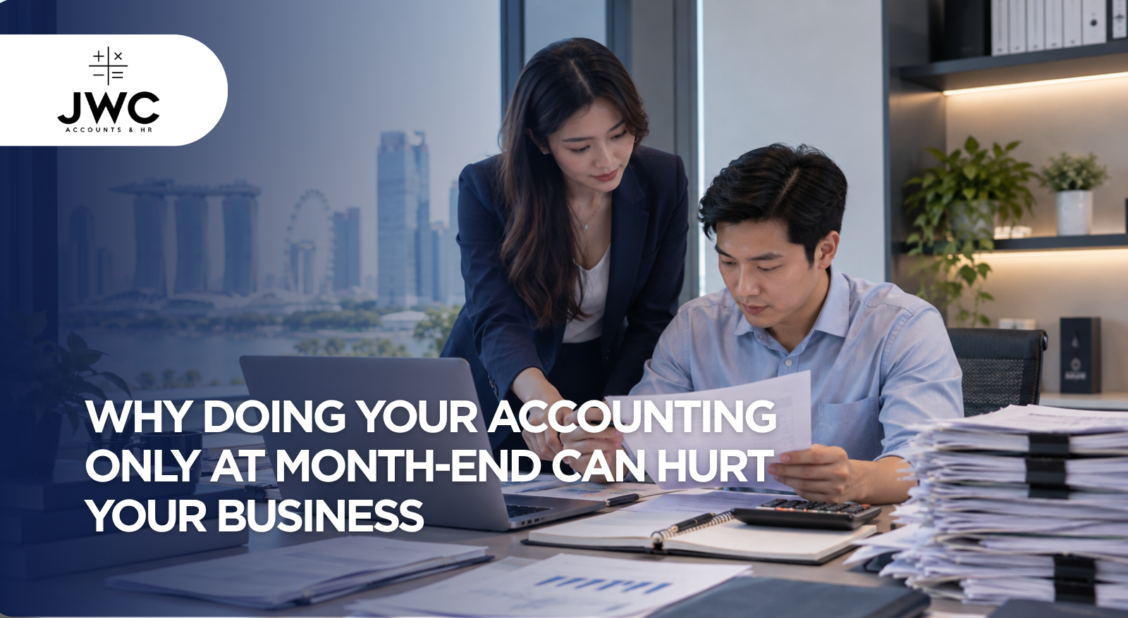 Singapore SME business owner reviewing an accounting backlog and financial documents at a desk