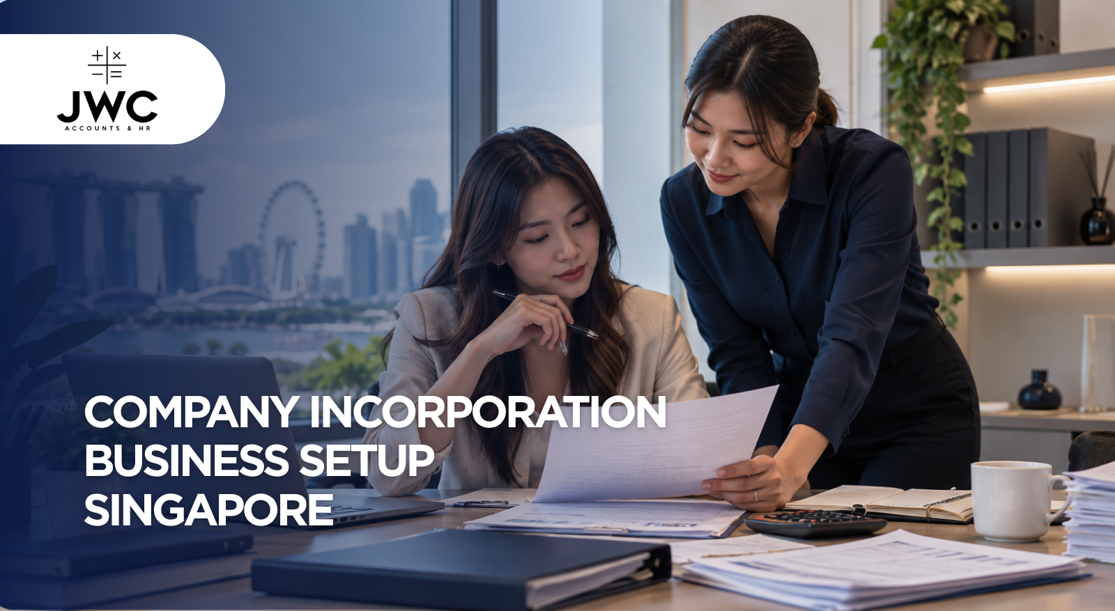 Singapore SME business owner reviewing an accounting backlog and financial documents at a desk