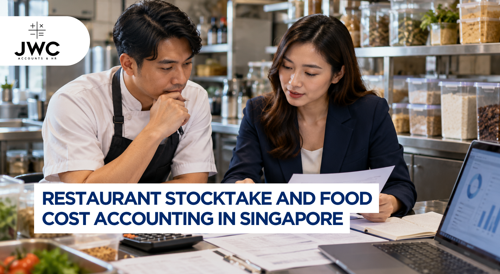 Singapore SME business owner reviewing an accounting backlog and financial documents at a desk