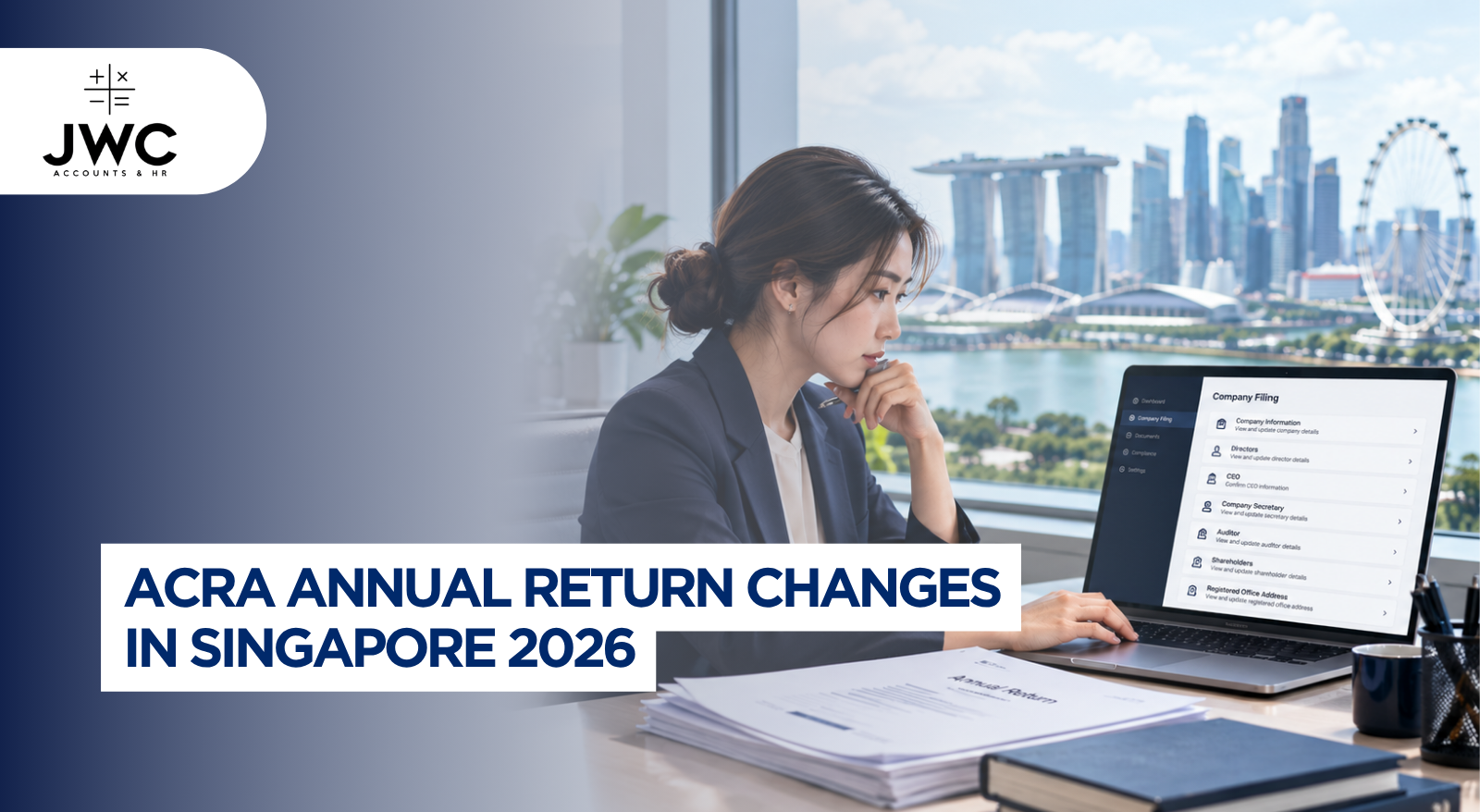 Singapore SME business owner reviewing an accounting backlog and financial documents at a desk