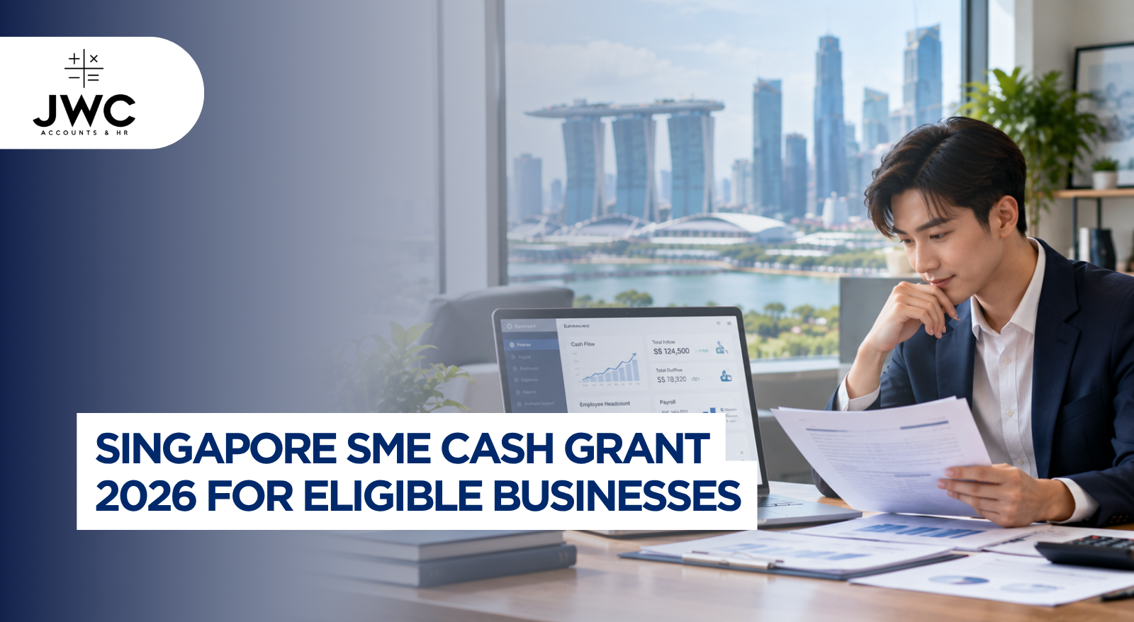Singapore SME business owner reviewing an accounting backlog and financial documents at a desk